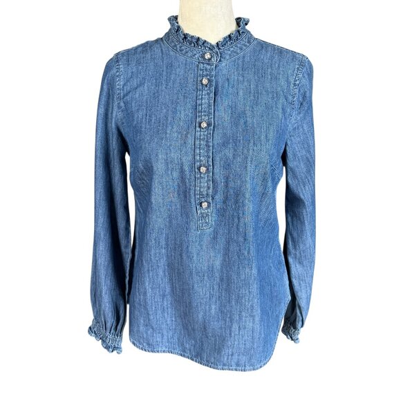 Talbots Petite ruffle neck long sleeve denim popover top women's size SP - Picture 1 of 10
